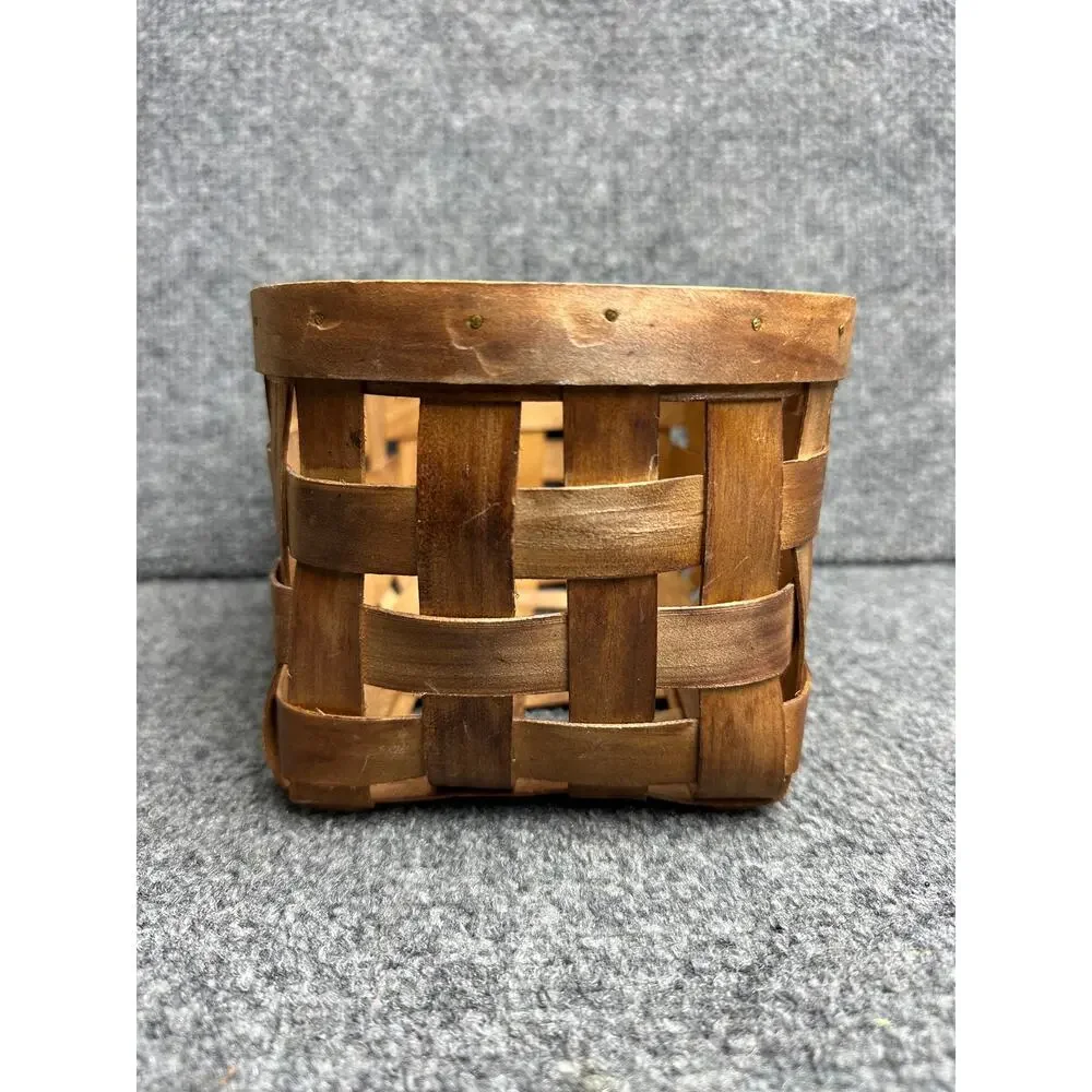 Vintage handmade woven split wood basket 9”rustic farmhouse storage nailed rim